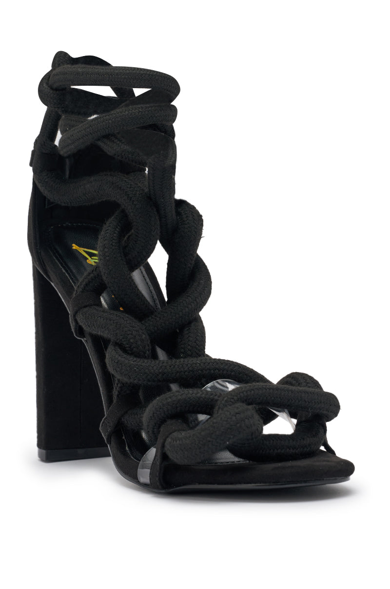 AKIRA GOLD BLACK ROPE STRAP STILETTO SANDAL
