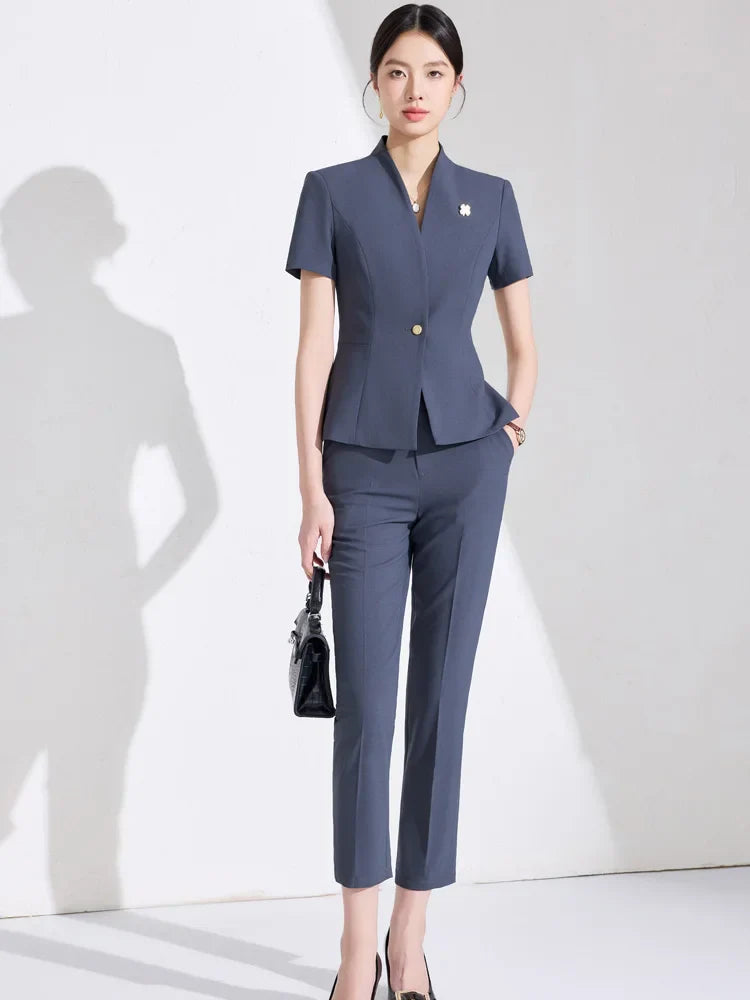 NAVIU Women Formal Suits 2 Pieces Sets Elegant Professional Slim Short Sleeve Blazer And Pants Office Ladies Summer Work Wear