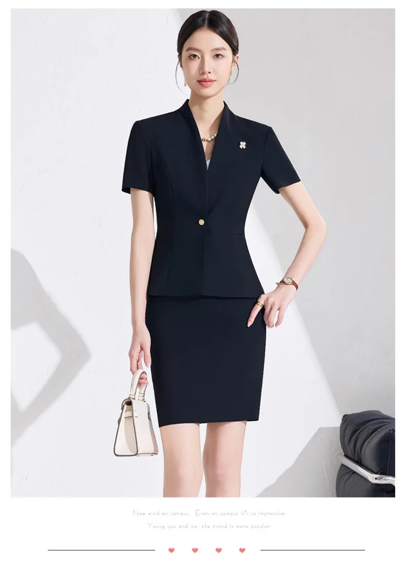 NAVIU Women Formal Suits 2 Pieces Sets Elegant Professional Slim Short Sleeve Blazer And Pants Office Ladies Summer Work Wear