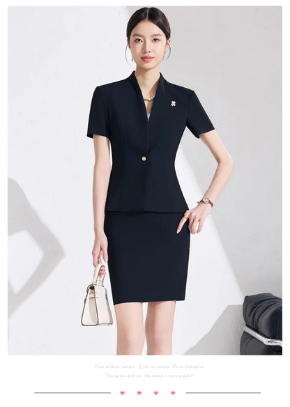 NAVIU Women Formal Suits 2 Pieces Sets Elegant Professional Slim Short Sleeve Blazer And Pants Office Ladies Summer Work Wear