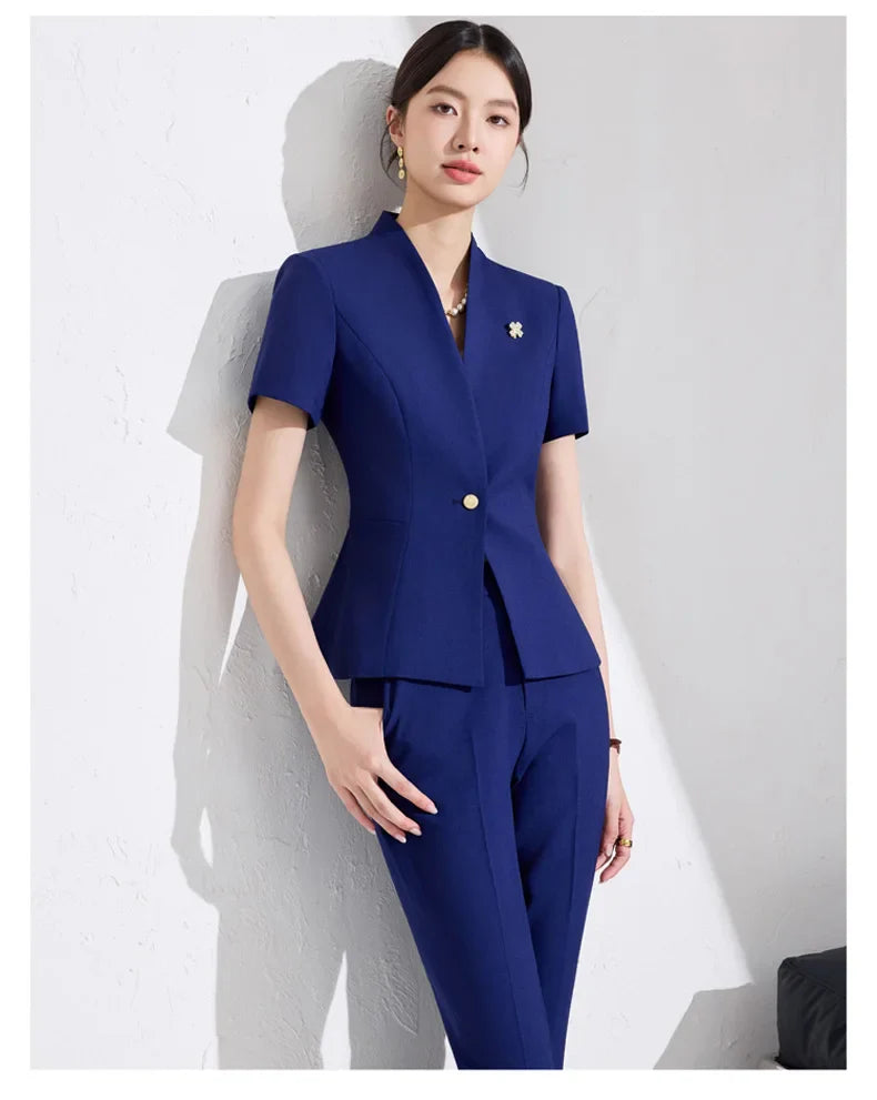 NAVIU Women Formal Suits 2 Pieces Sets Elegant Professional Slim Short Sleeve Blazer And Pants Office Ladies Summer Work Wear