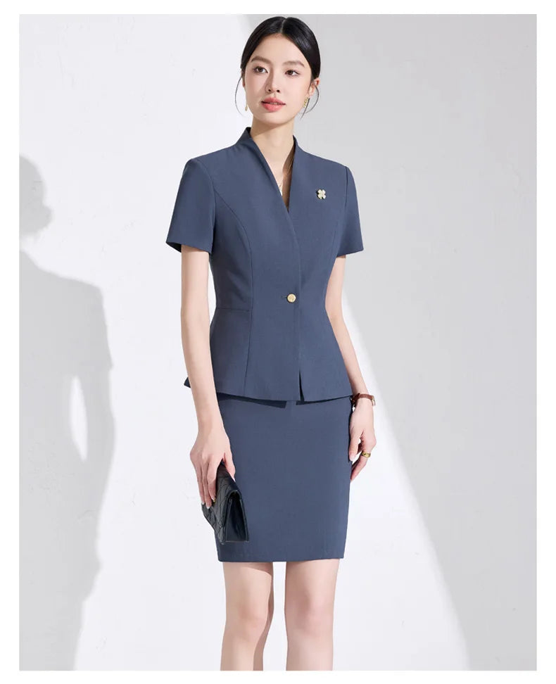 NAVIU Women Formal Suits 2 Pieces Sets Elegant Professional Slim Short Sleeve Blazer And Pants Office Ladies Summer Work Wear