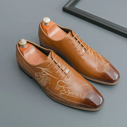 Men's Casual Leather Shoes Large Size New Style Pointed Toe Fashion Trend Carving Glossy Surface Leather Shoes Rubber Sole