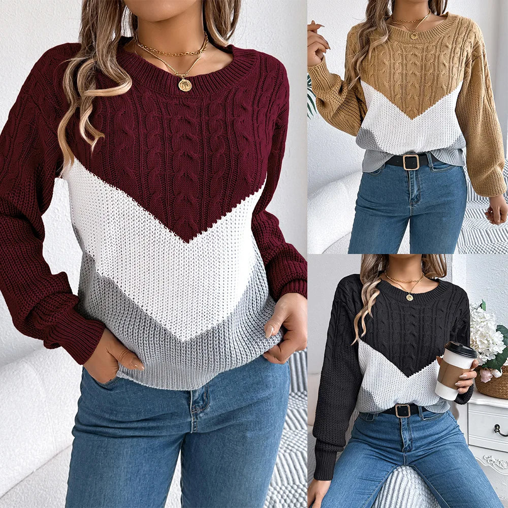 New Autumn Winter Color-blocking Lantern Sleeve Fashion Knitted Pullover Sweater Jersey Invierno Mujer Sweaters Womens Top Femme