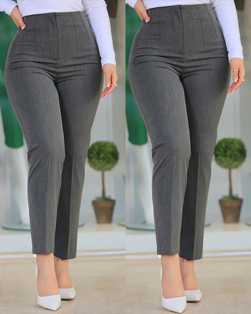 Elegant High Waist Cropped Work Pants for Women Black All-Match Daily Office Formal Wear Fashion Women's Trousers Slim Pants
