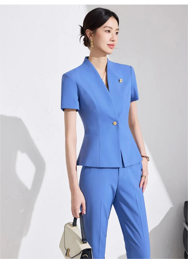 NAVIU Women Formal Suits 2 Pieces Sets Elegant Professional Slim Short Sleeve Blazer And Pants Office Ladies Summer Work Wear