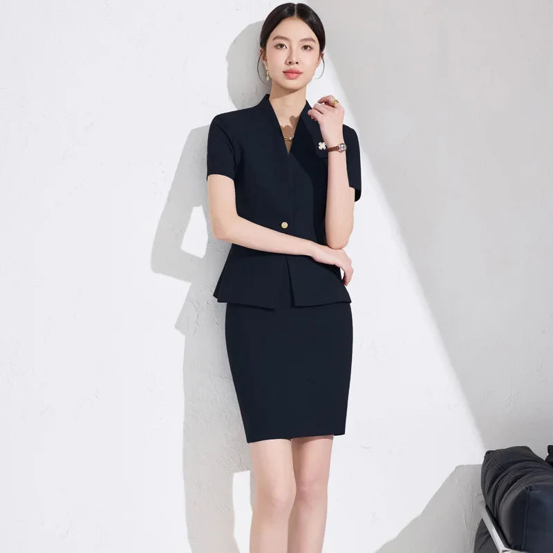 NAVIU Women Formal Suits 2 Pieces Sets Elegant Professional Slim Short Sleeve Blazer And Pants Office Ladies Summer Work Wear