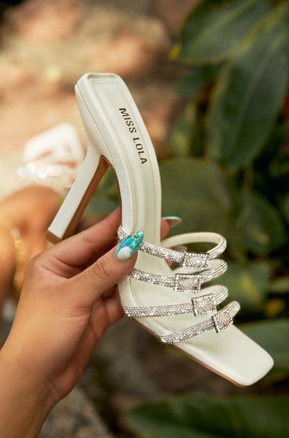 Champagne Taste Embellished High Heel Mules - White