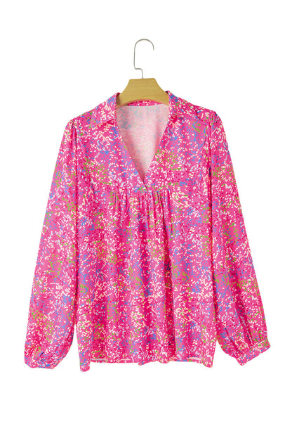 Bonbon Abstract Print Loose Fit Collared V Neck Babydoll Blouse