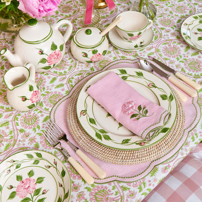 Pink Rose Embroidered Linen Napkins (Set of 4)