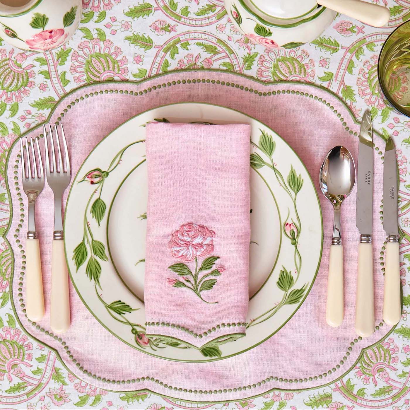 Pink Rose Embroidered Linen Napkins (Set of 4)