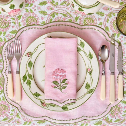 Pink Rose Embroidered Linen Napkins (Set of 4)