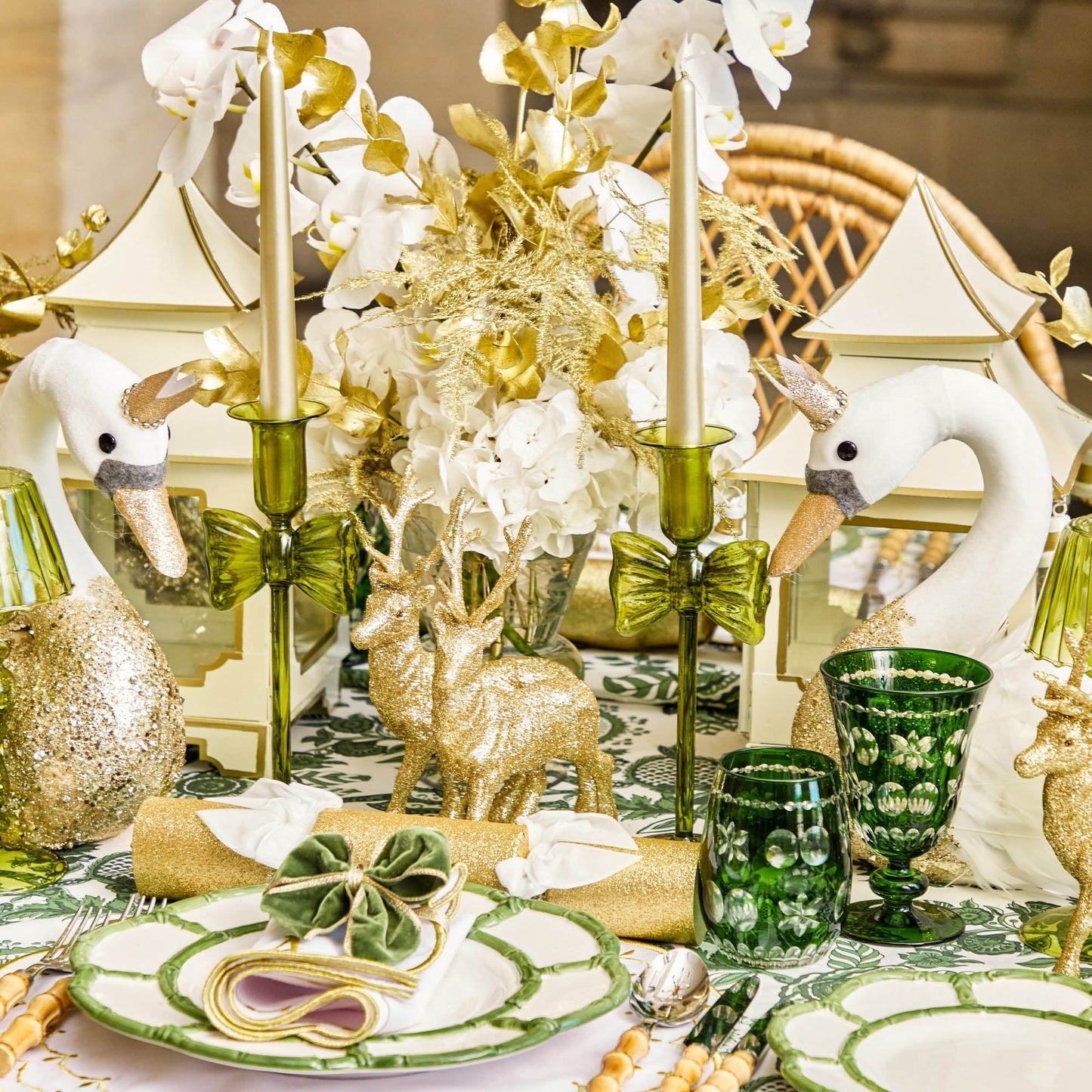 Celine Green Glass Bow Candlescape (Gold)