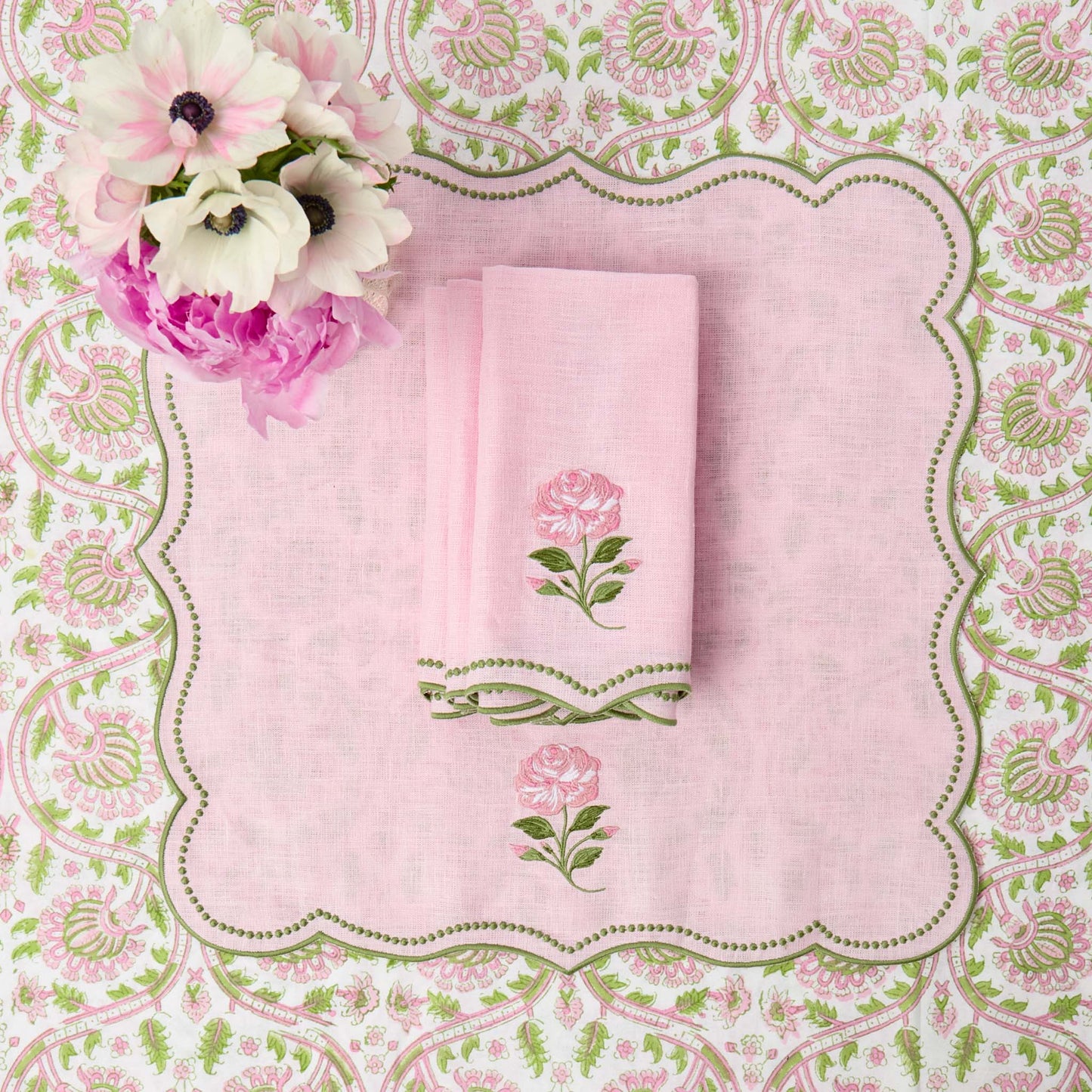 Pink Rose Embroidered Linen Napkins (Set of 4)