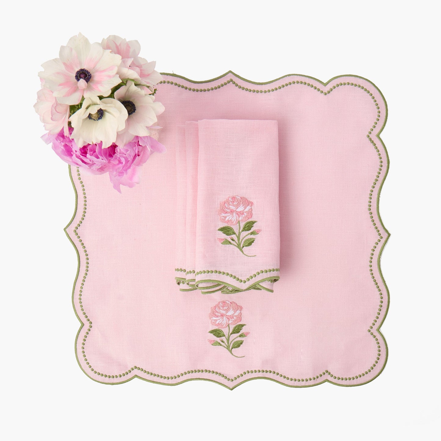 Pink Rose Embroidered Linen Napkins (Set of 4)