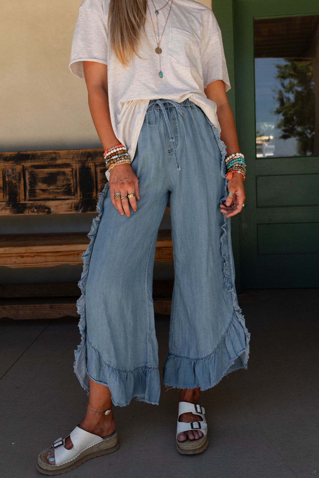 Drift Wave Ruffle Wide Leg Pants - Light Denim - Pre Order